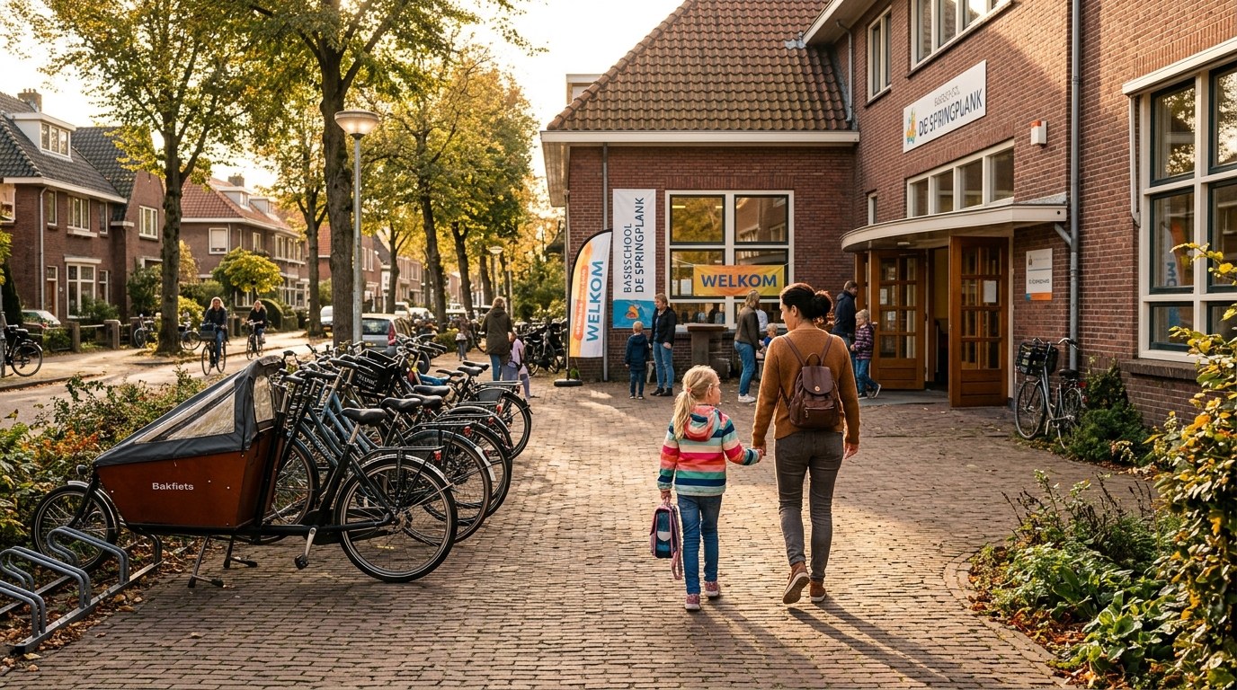 Ouder en kind bij de ingang van een Nederlandse basisschool