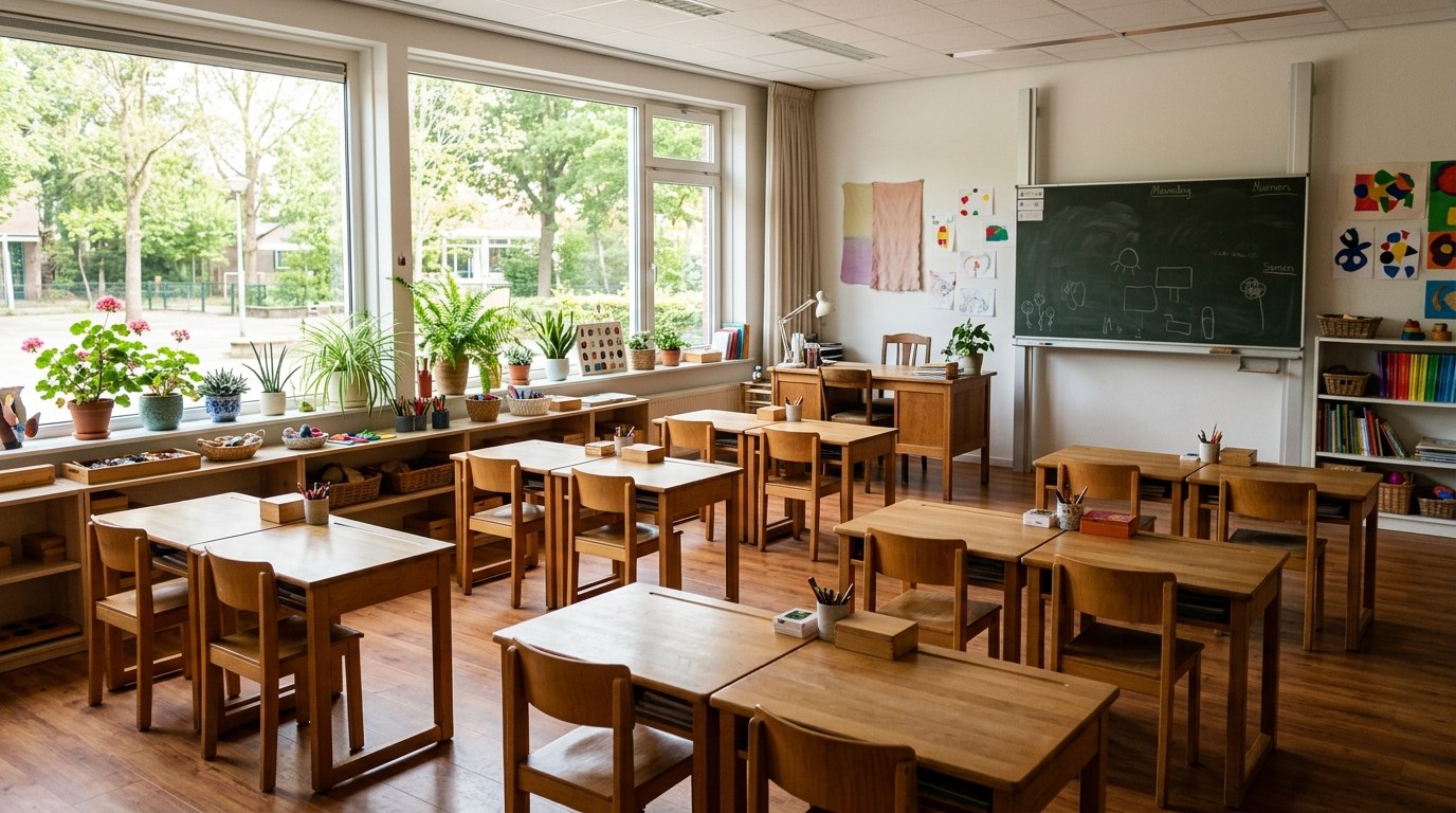 Leeg lokaal in een Nederlandse basisschool bij daglicht