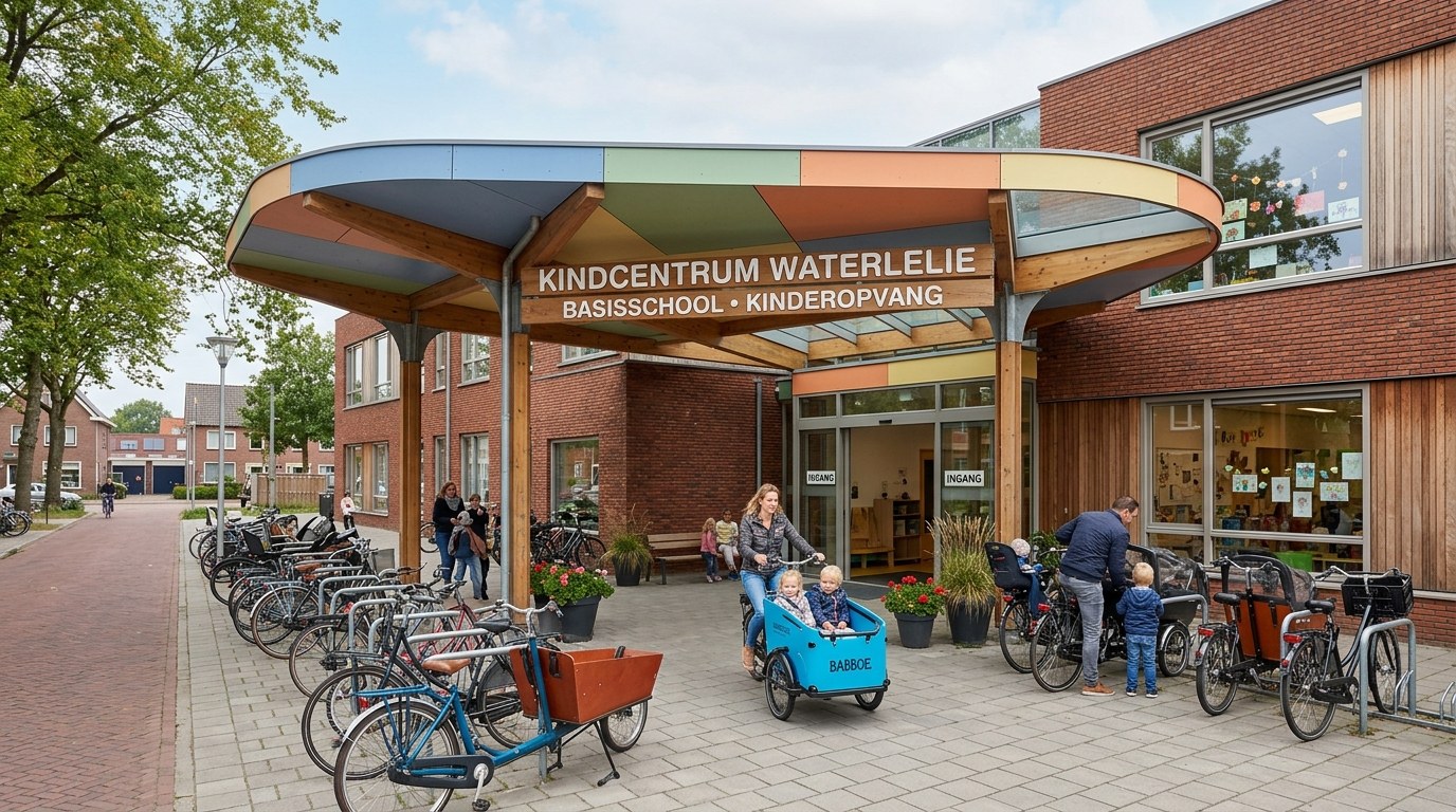 Ingang van een kindcentrum met school en opvang