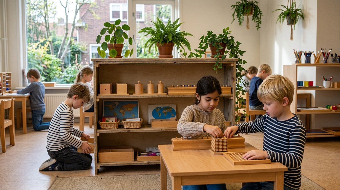 Conceptschool lokaal met houten leermaterialen