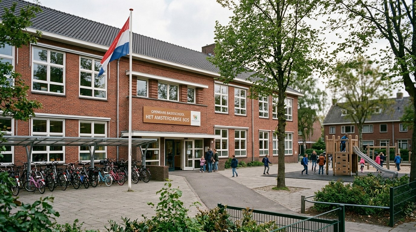 Typische Nederlandse openbare basisschool van buiten