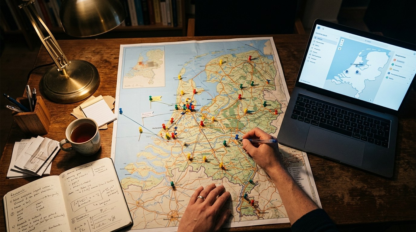 Ouders onderzoeken scholen op een kaart en laptop