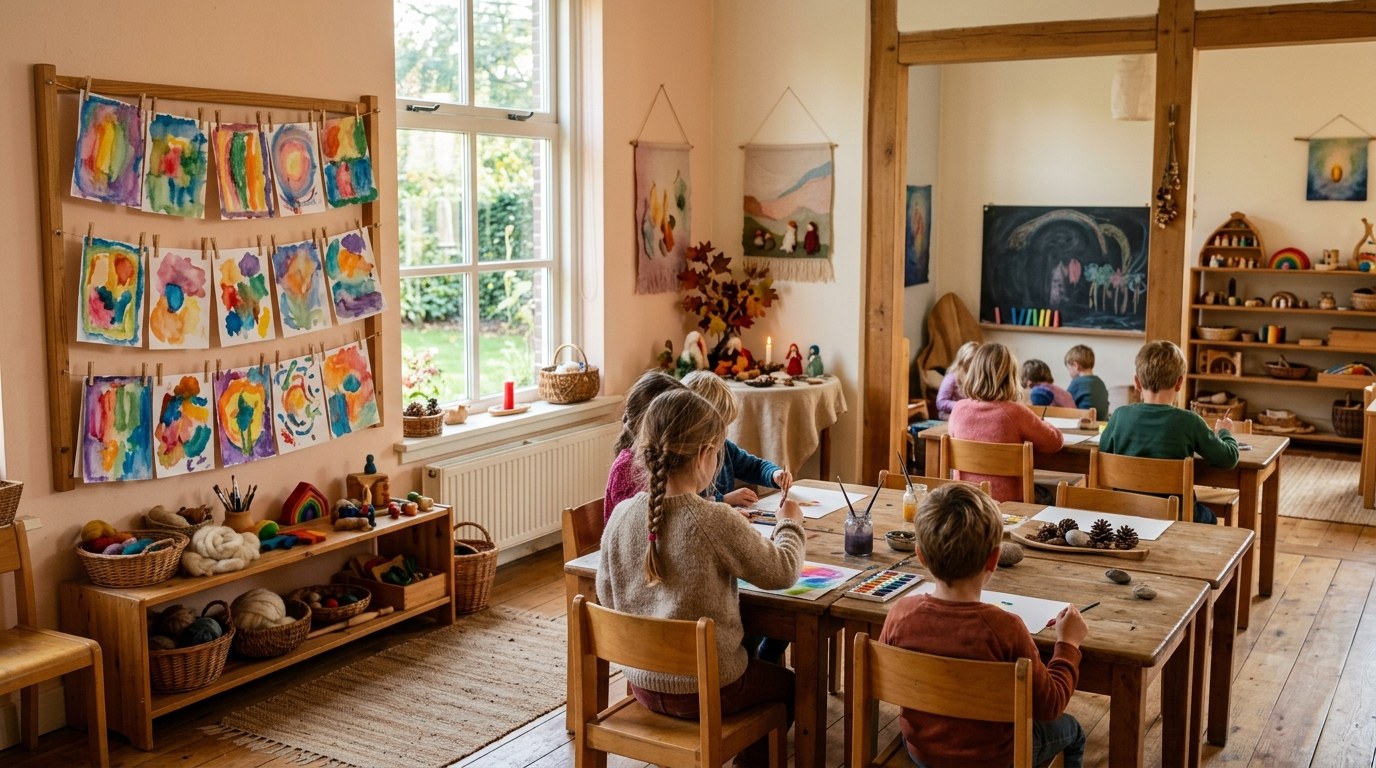 Vrijeschool lokaal met kunst en houten meubels